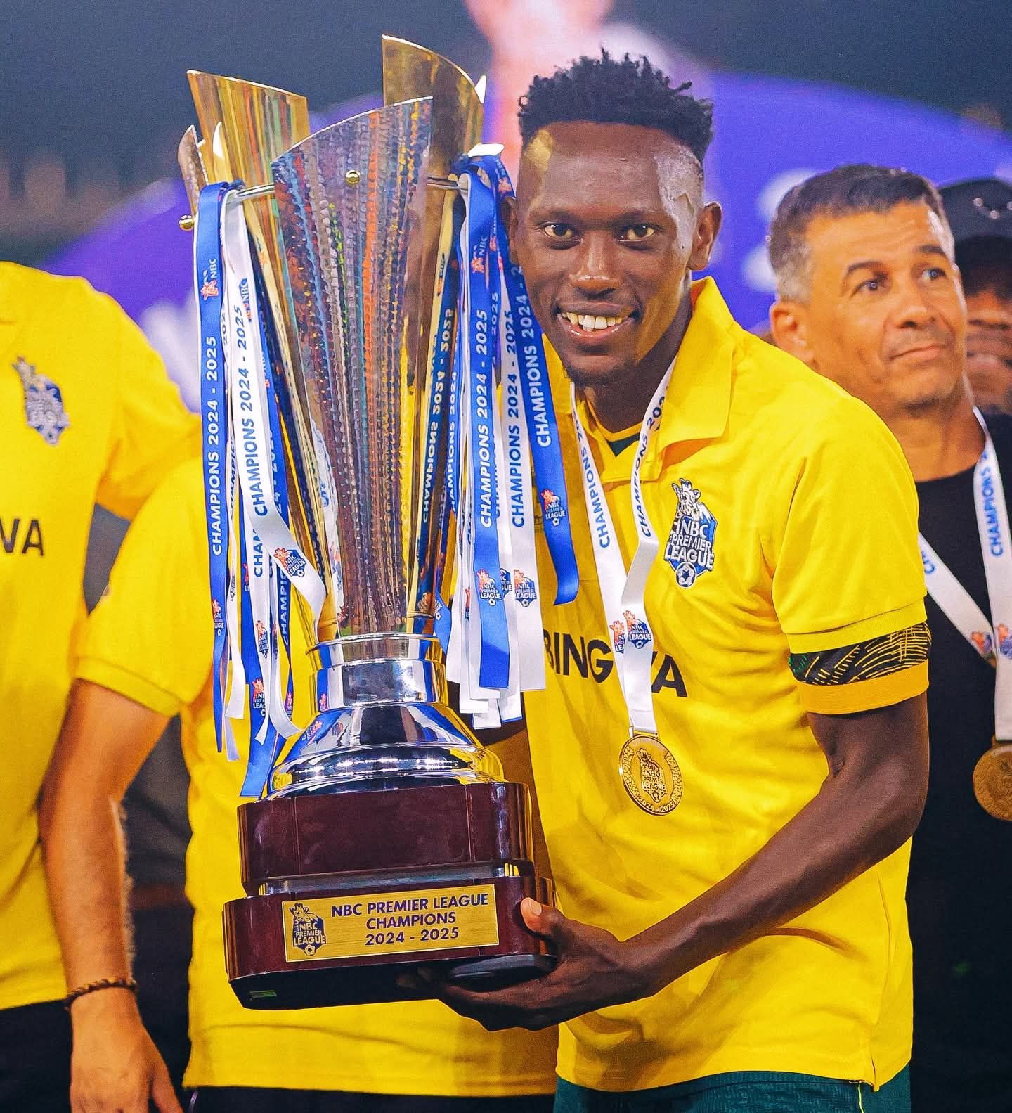 Kenya Police's Duke Abuya, currently on loan at Yanga SC, celebrates Yanga's Tanzanian league title victory for the 2024/25 season. Picture/Police FC.